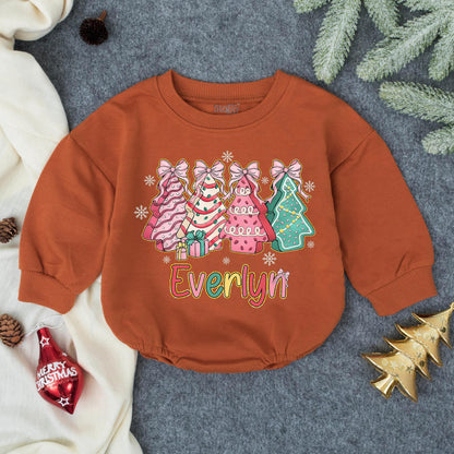 Christmas Trees Bubble Romper, Everlyn Holiday Outfit, Baby's First Christmas Romper, Colorful Infant Outfit with Gifts & Snowflakes, Girly Pink Xmas
