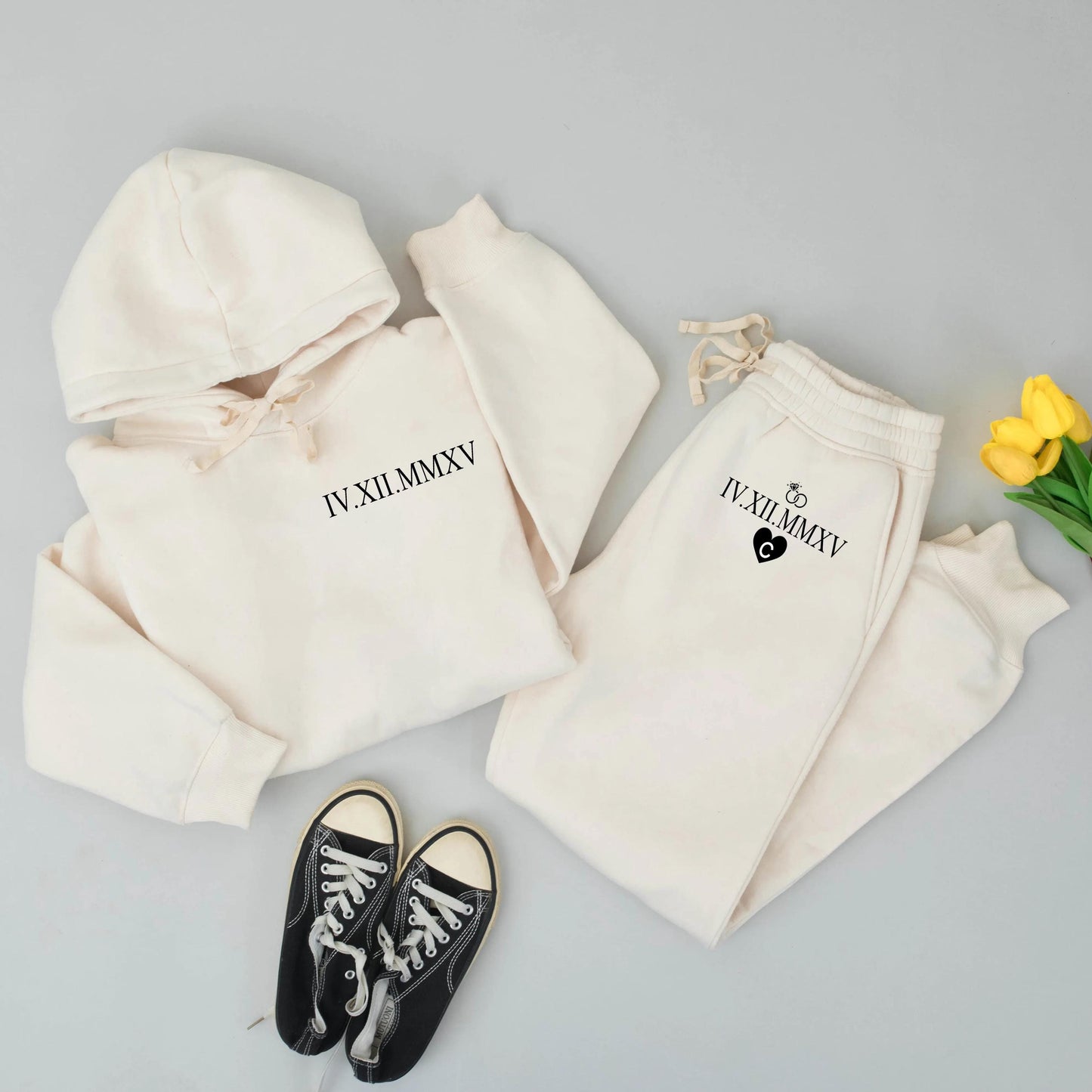 Personalized Roman Numeral Hoodie Set Date Initial Couples Wedding Engagement Anniversary Gift Modern Minimalist Ring Heart Design