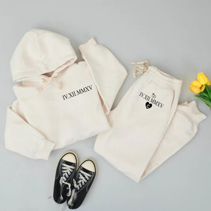 Personalized Roman Numeral Hoodie Set Date Initial Couples Wedding Engagement Anniversary Gift Modern Minimalist Ring Heart Design