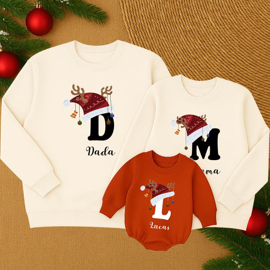 Matching Family Christmas Shirts with Santa Hat Letter & Name Personalized Holiday Sweatshirt Mama Dada Lucas Gift