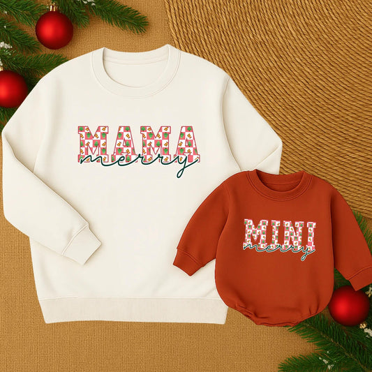 Matching Mama Mini Christmas Sweatshirt: Merry Red & White Check, Tree & Bell Design, Festive Mommy and Me Holiday Outfit, Cozy Matching Family Sweaters