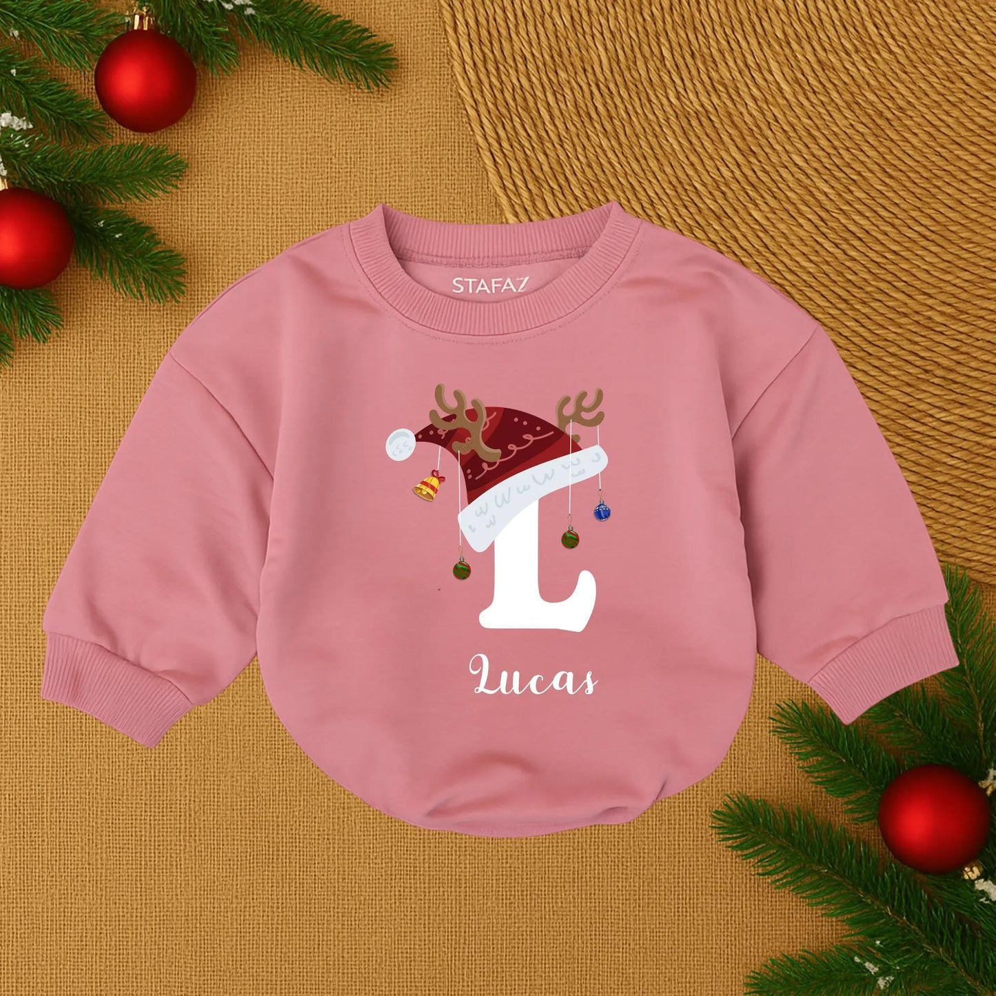 Lucas's First Christmas Baby Romper Santa Hat Reindeer Antlers Ornaments Gold Bell Personalized Baby Boy Outfit Festive Joyful