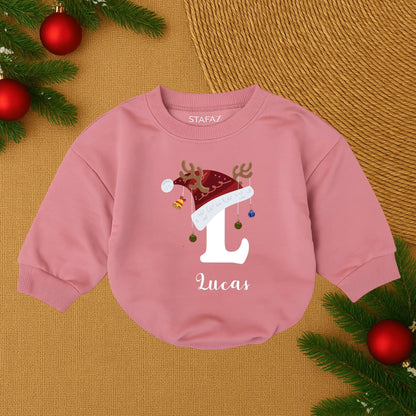 Lucas's First Christmas Baby Romper Santa Hat Reindeer Antlers Ornaments Gold Bell Personalized Baby Boy Outfit Festive Joyful