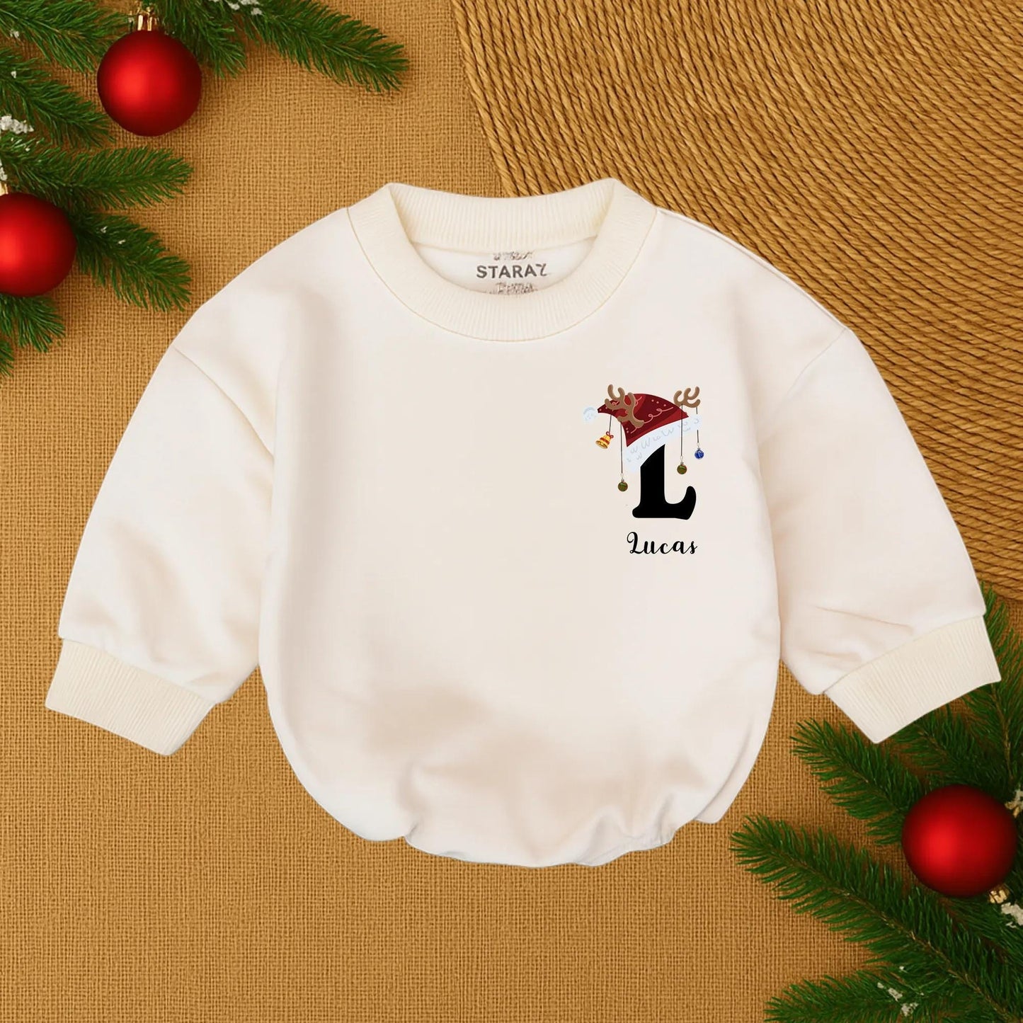 Lucas's First Christmas Baby Romper Santa Hat Reindeer Antlers Ornaments Gold Bell Personalized Baby Boy Outfit Festive Joyful