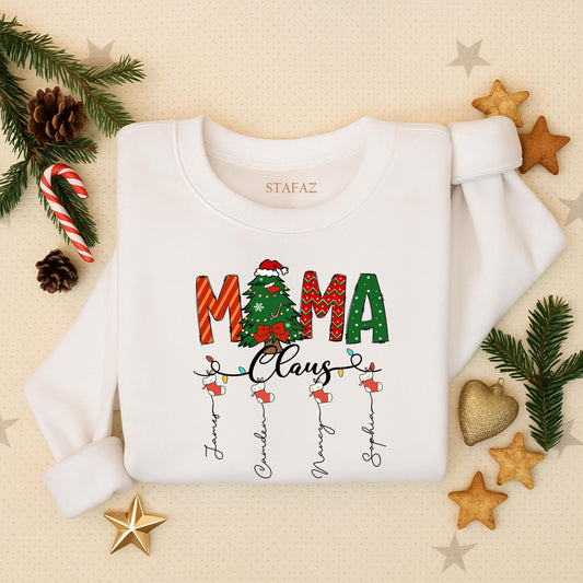Custom Mama Claus Christmas Sweatshirt for Mom Grandma with Kid Names Festive Stocking Tree Design Red Green White Cozy Holiday Shirt
