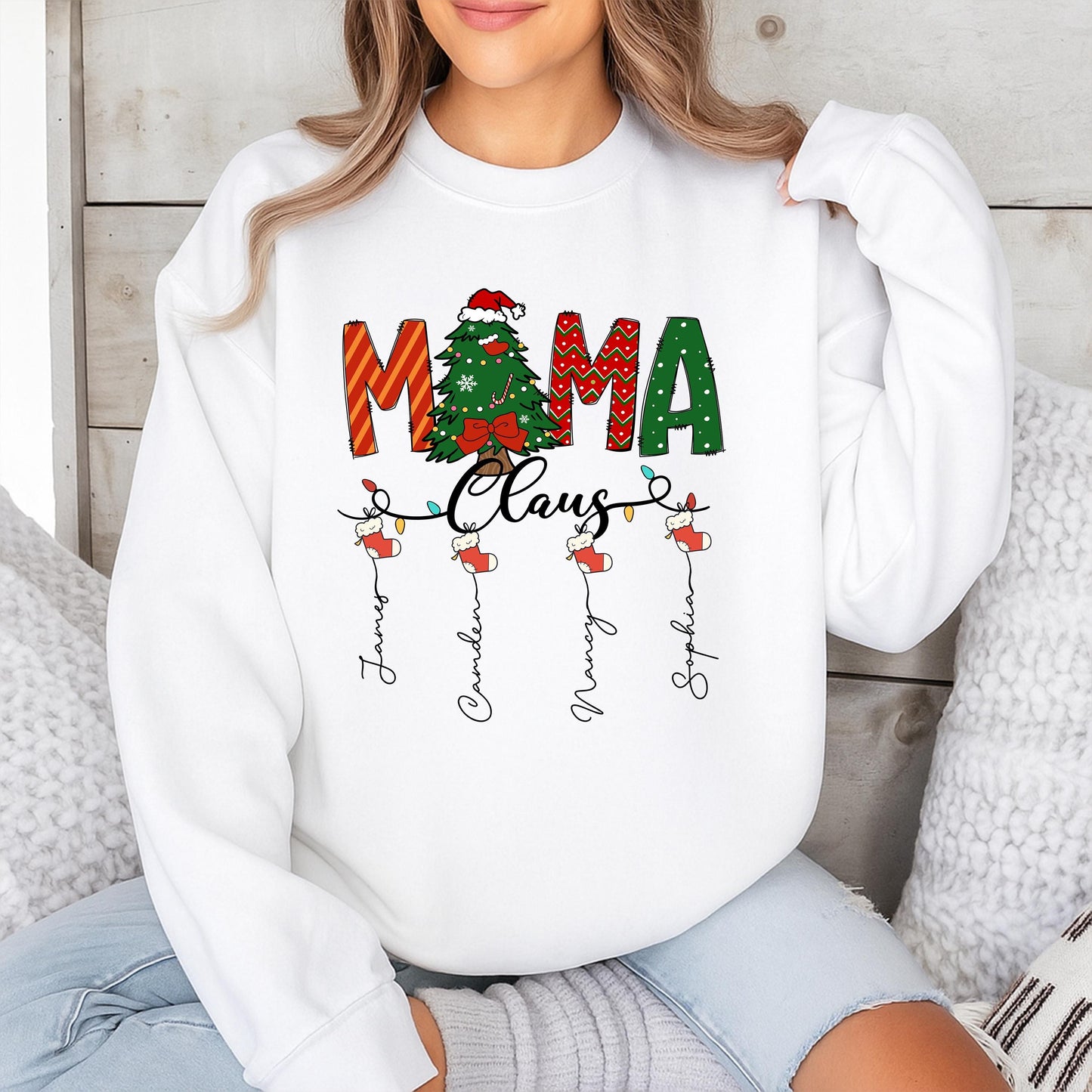 Custom Mama Claus Christmas Sweatshirt for Mom Grandma with Kid Names Festive Stocking Tree Design Red Green White Cozy Holiday Shirt