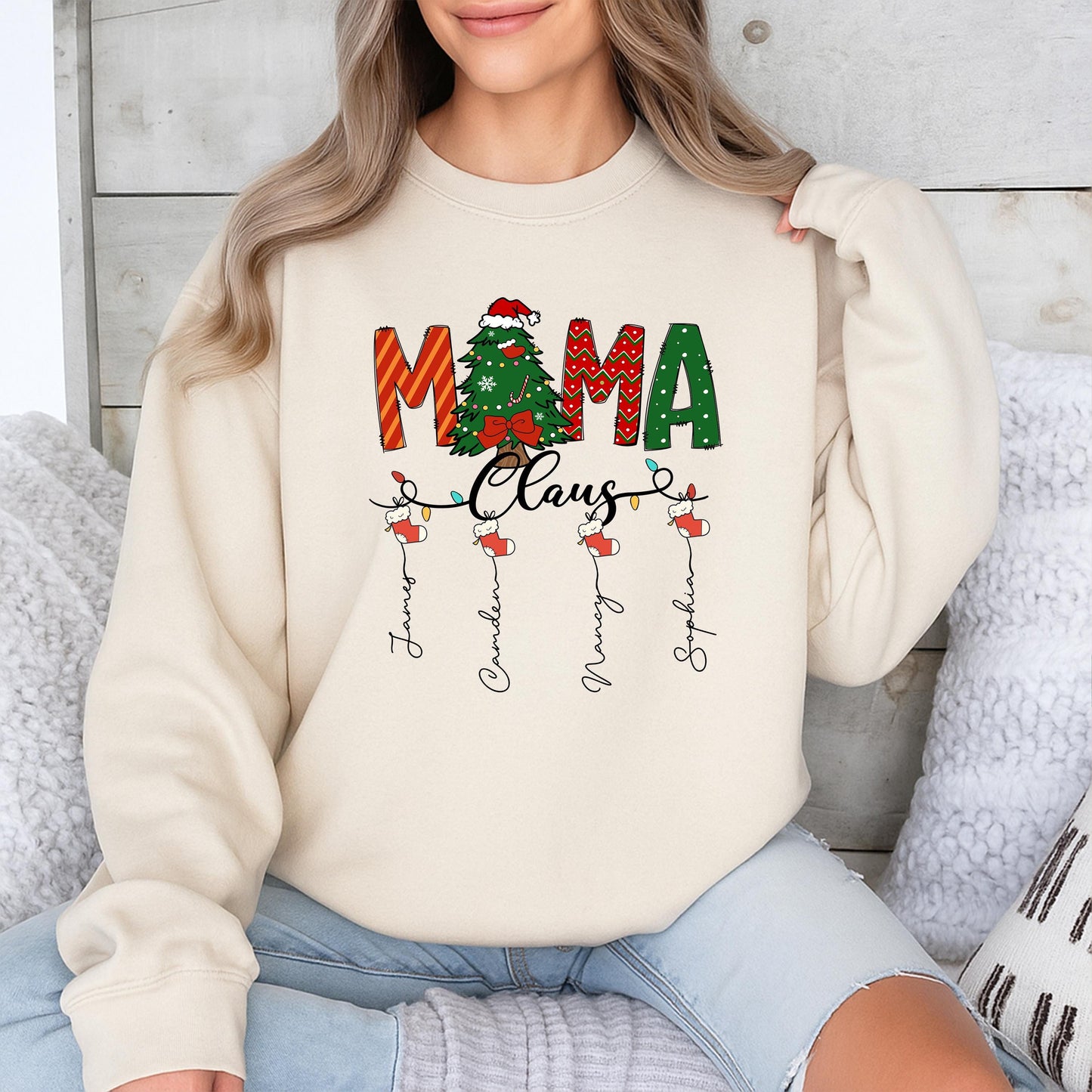 Custom Mama Claus Christmas Sweatshirt for Mom Grandma with Kid Names Festive Stocking Tree Design Red Green White Cozy Holiday Shirt