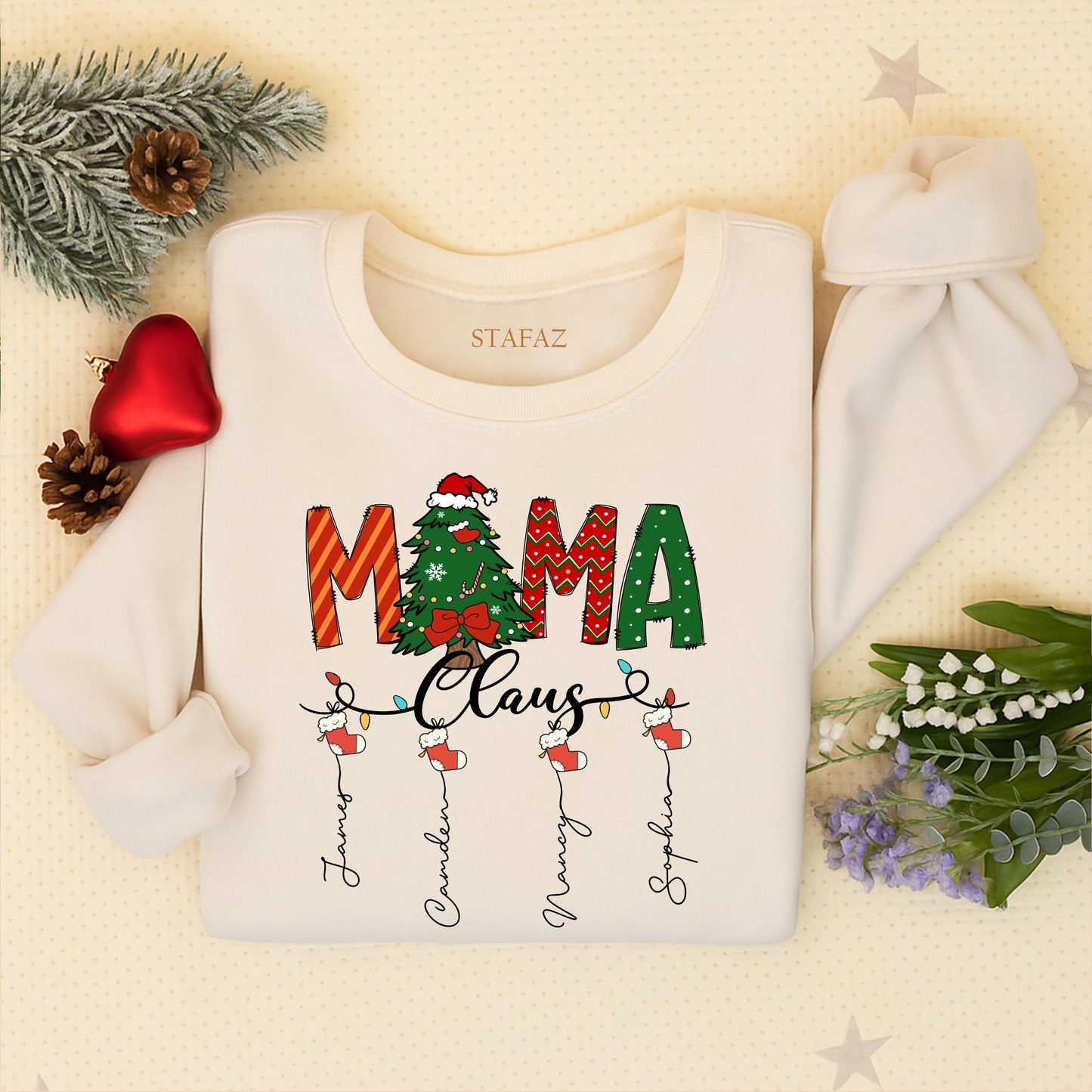 Custom Mama Claus Christmas Sweatshirt for Mom Grandma with Kid Names Festive Stocking Tree Design Red Green White Cozy Holiday Shirt