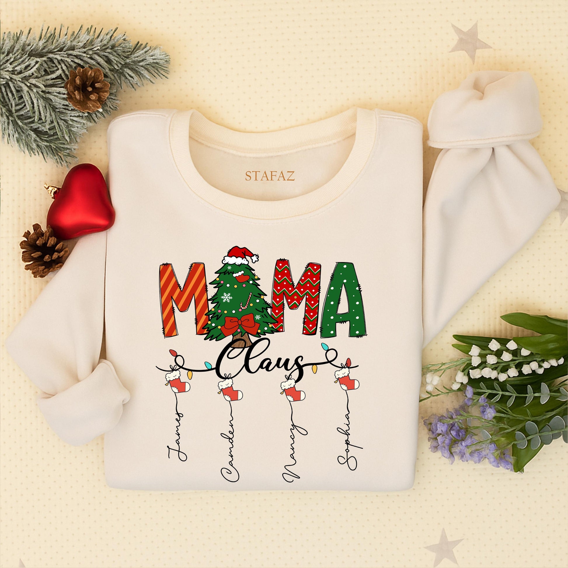 Custom Mama Claus Christmas Sweatshirt for Mom Grandma with Kid Names Festive Stocking Tree Design Red Green White Cozy Holiday Shirt