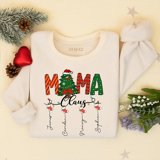 Custom Mama Claus Christmas Sweatshirt for Mom Grandma with Kid Names Festive Stocking Tree Design Red Green White Cozy Holiday Shirt