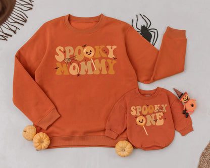 Spooky Mommy & Me Matching Sweatshirts Retro Halloween Outfits Pumpkin Lollipop Bats Stars First Halloween Gift Orange Comfy Family Costume 134c