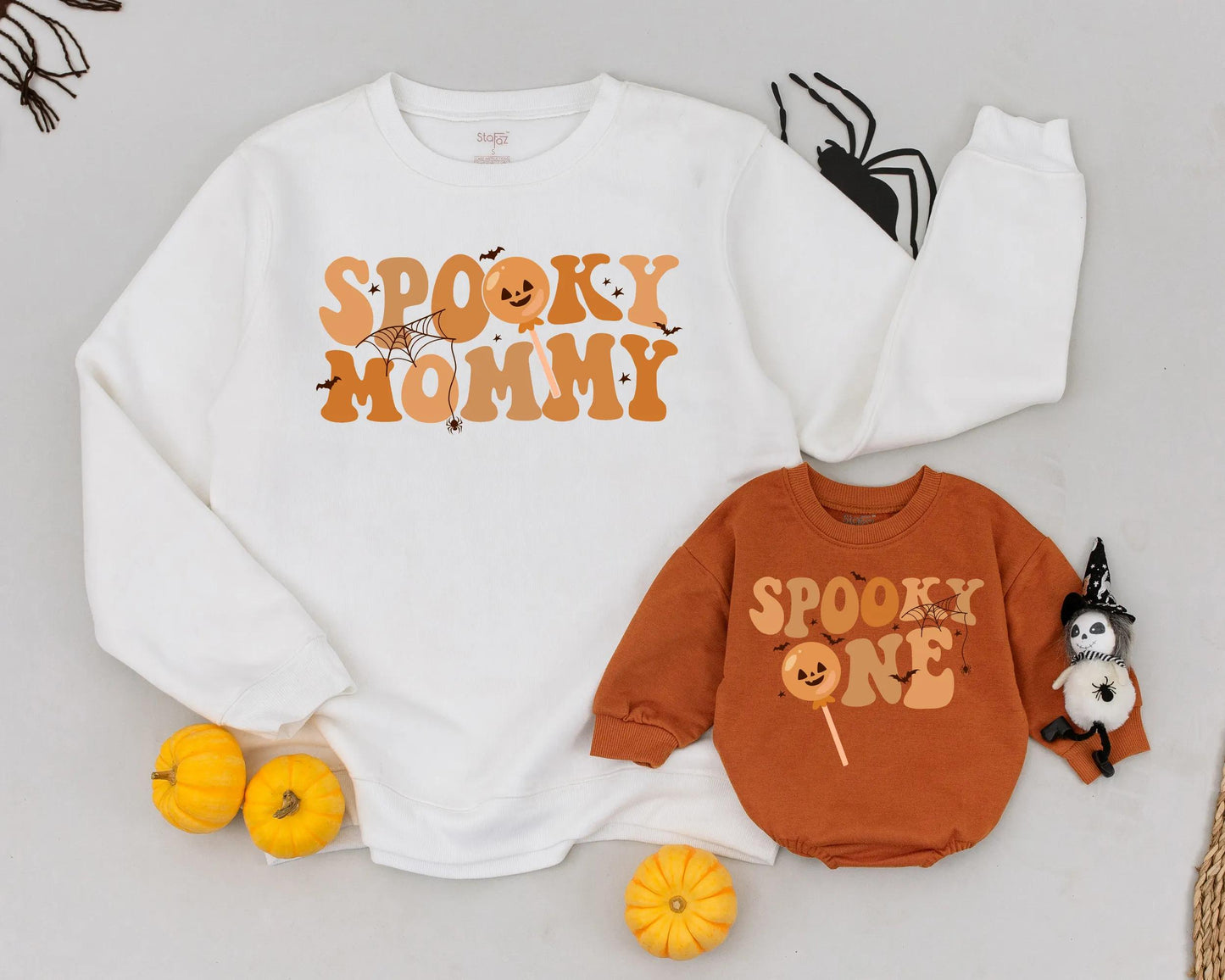 Spooky Mommy & Me Matching Sweatshirts Retro Halloween Outfits Pumpkin Lollipop Bats Stars First Halloween Gift Orange Comfy Family Costume 134c
