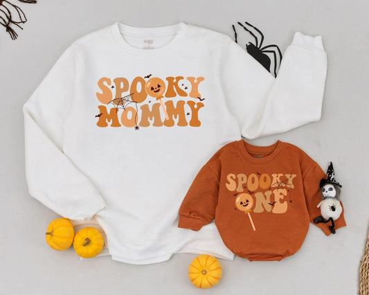 Spooky Mommy & Me Matching Sweatshirts Retro Halloween Outfits Pumpkin Lollipop Bats Stars First Halloween Gift Orange Comfy Family Costume 134c