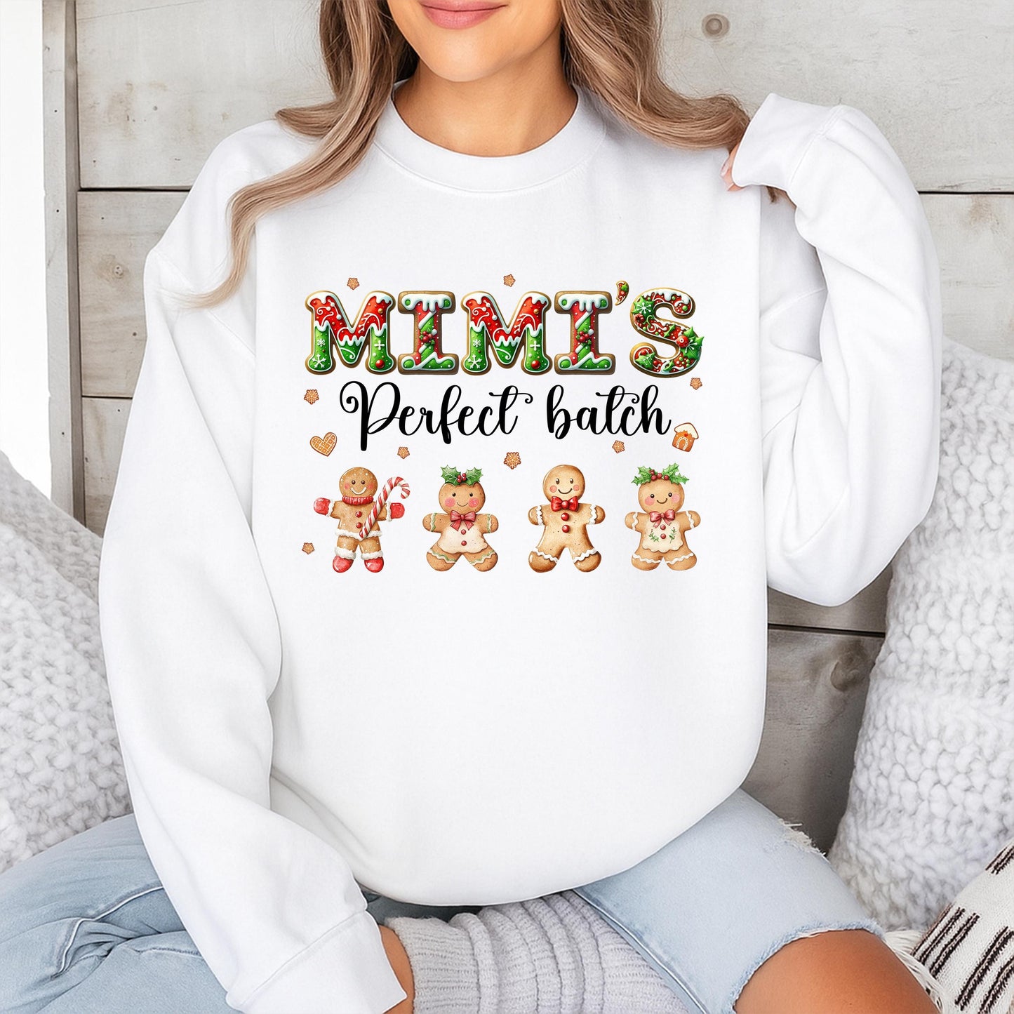 Mimi's Perfect Batch Sweatshirt Gingerbread Grandkids Names, Custom Grandma Christmas Shirt, Holiday Sweater for Nana, Personalized Baking Outfit Xmas Gift 