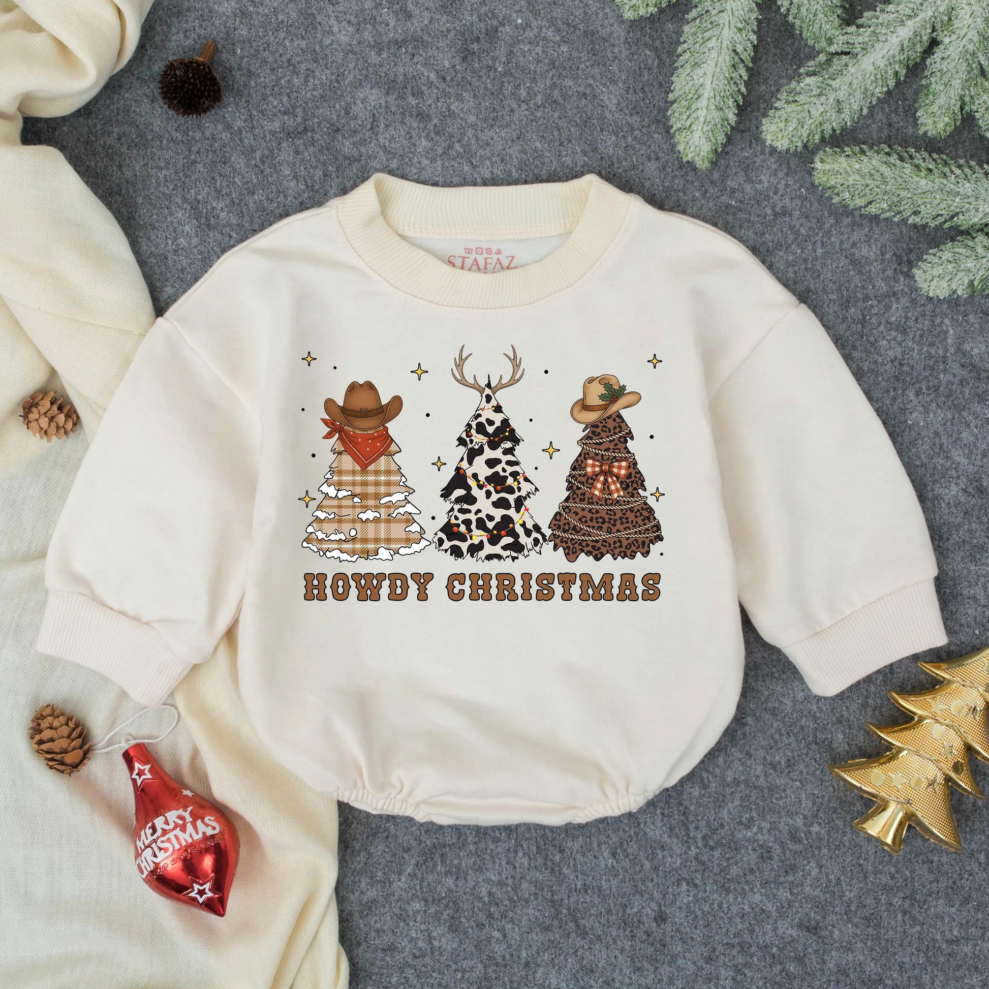 Howdy Christmas Baby Romper Western Cowboy Holiday Outfit Cow Print Plaid Pine Toddler Gift