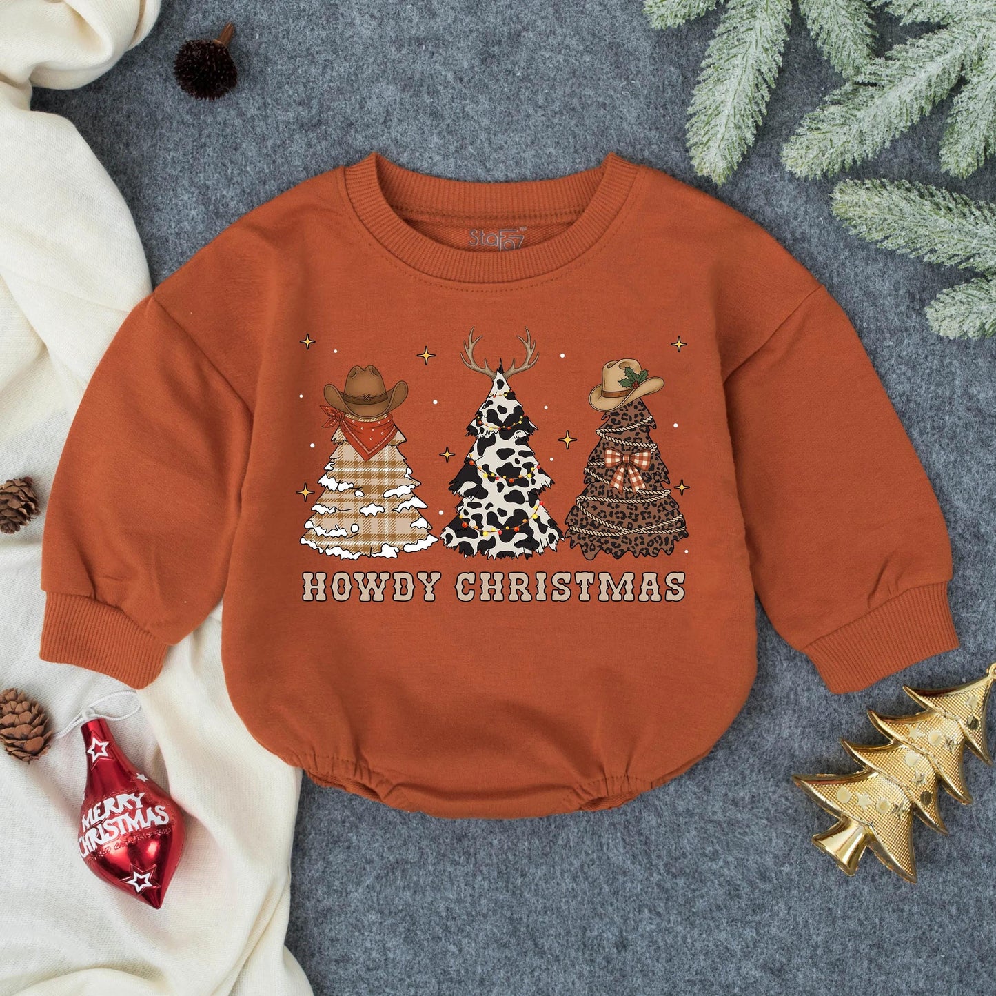Howdy Christmas Baby Romper Western Cowboy Holiday Outfit Cow Print Plaid Pine Toddler Gift