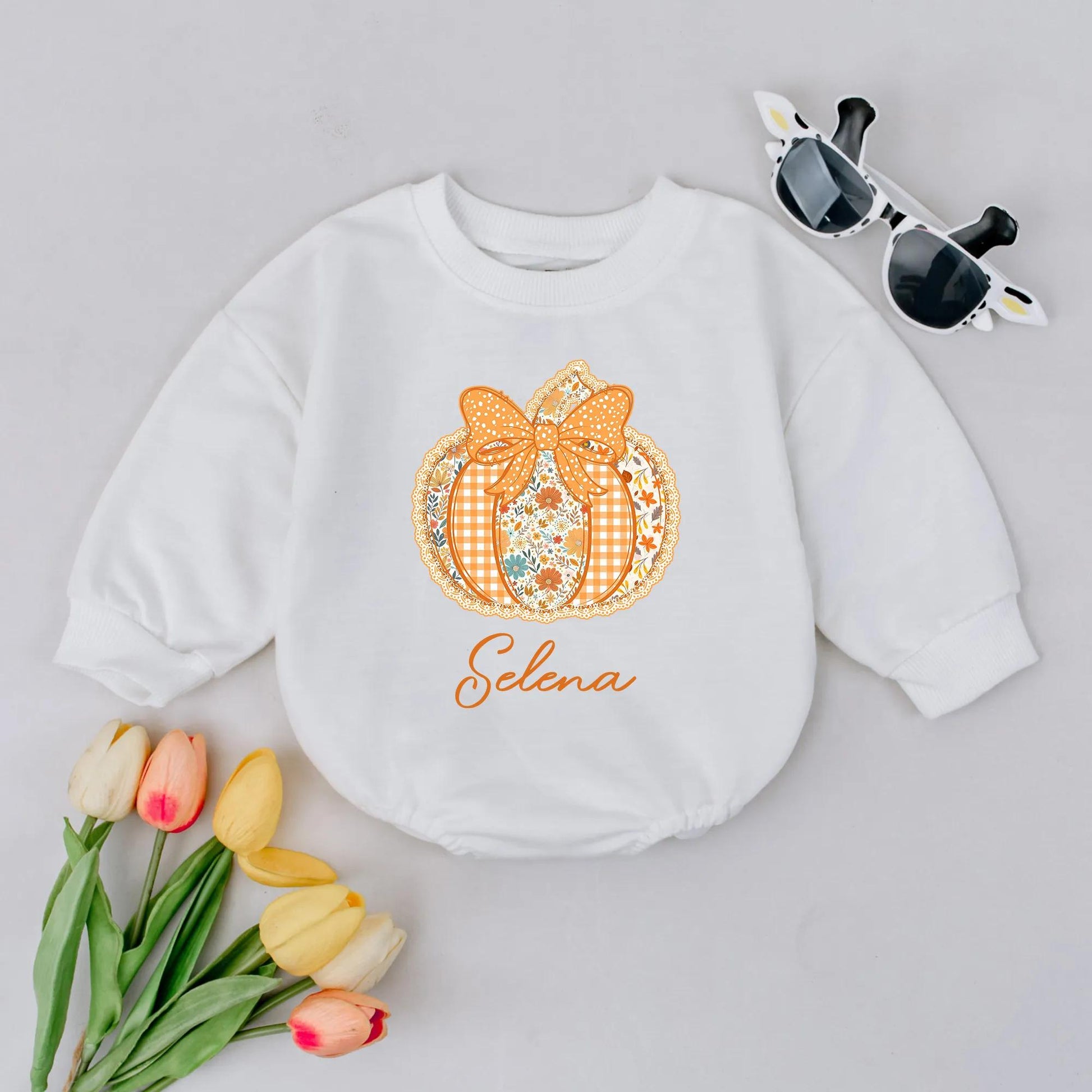 Custom Selena Pumpkin Romper, Gingham Floral Baby Bodysuit, First Thanksgiving Outfit, Autumn Baby Shower Gift, Festive Fall Baby Clothes (139 chars)