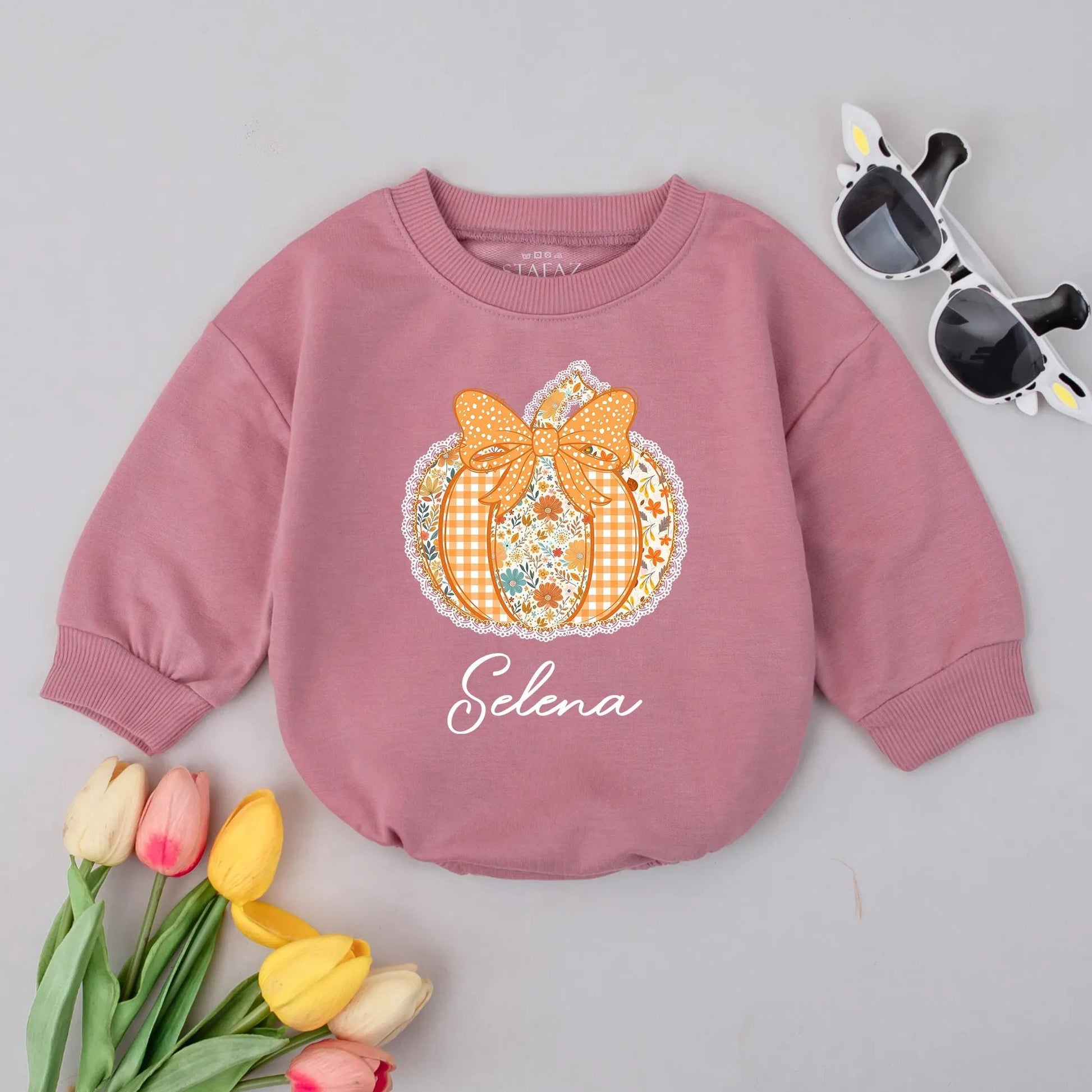 Custom Selena Pumpkin Romper, Gingham Floral Baby Bodysuit, First Thanksgiving Outfit, Autumn Baby Shower Gift, Festive Fall Baby Clothes (139 chars)
