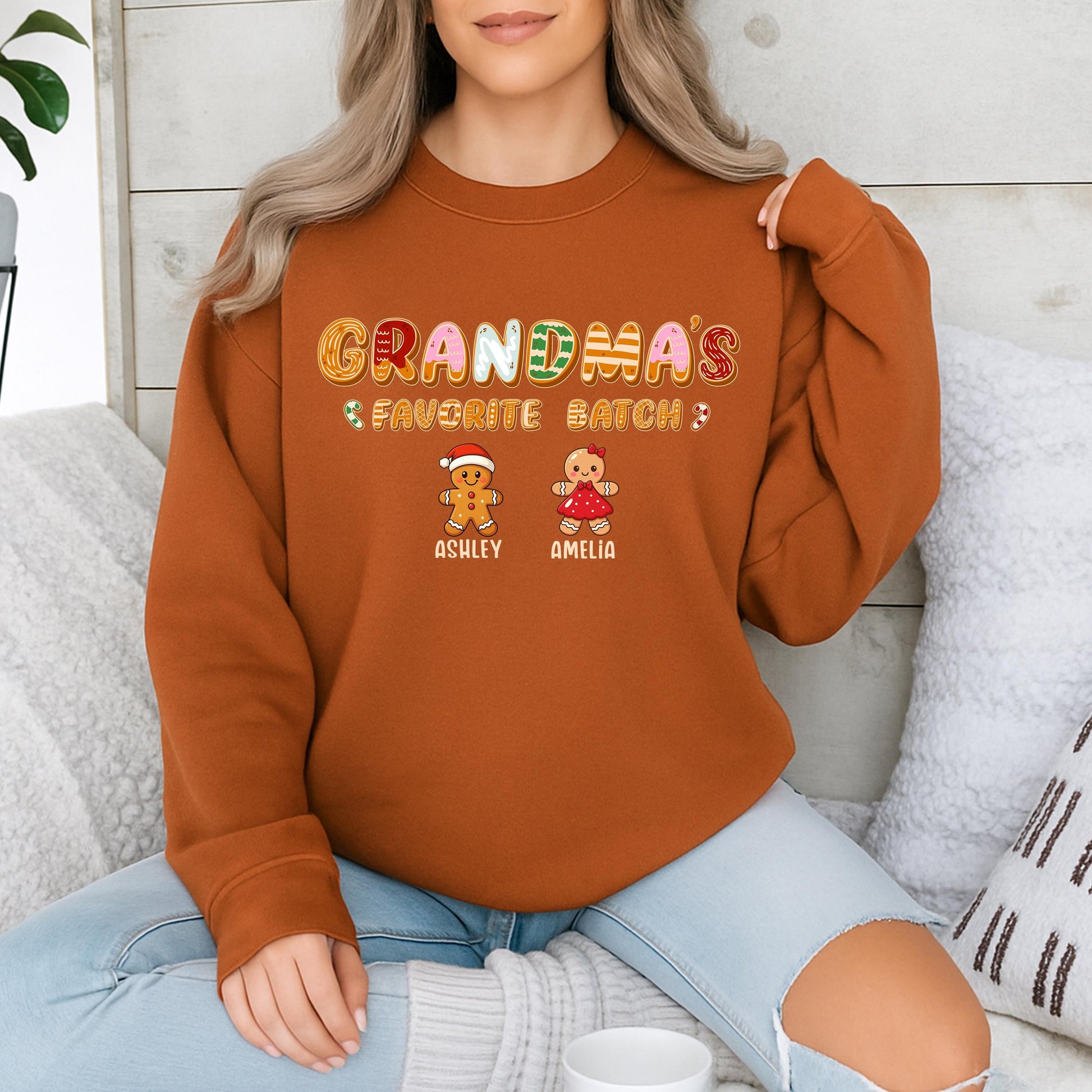 Personalized Grandma's Favorite Batch Gingerbread Christmas Sweatshirt with Grandkids Names Whimsical Holiday Sweater Gift
