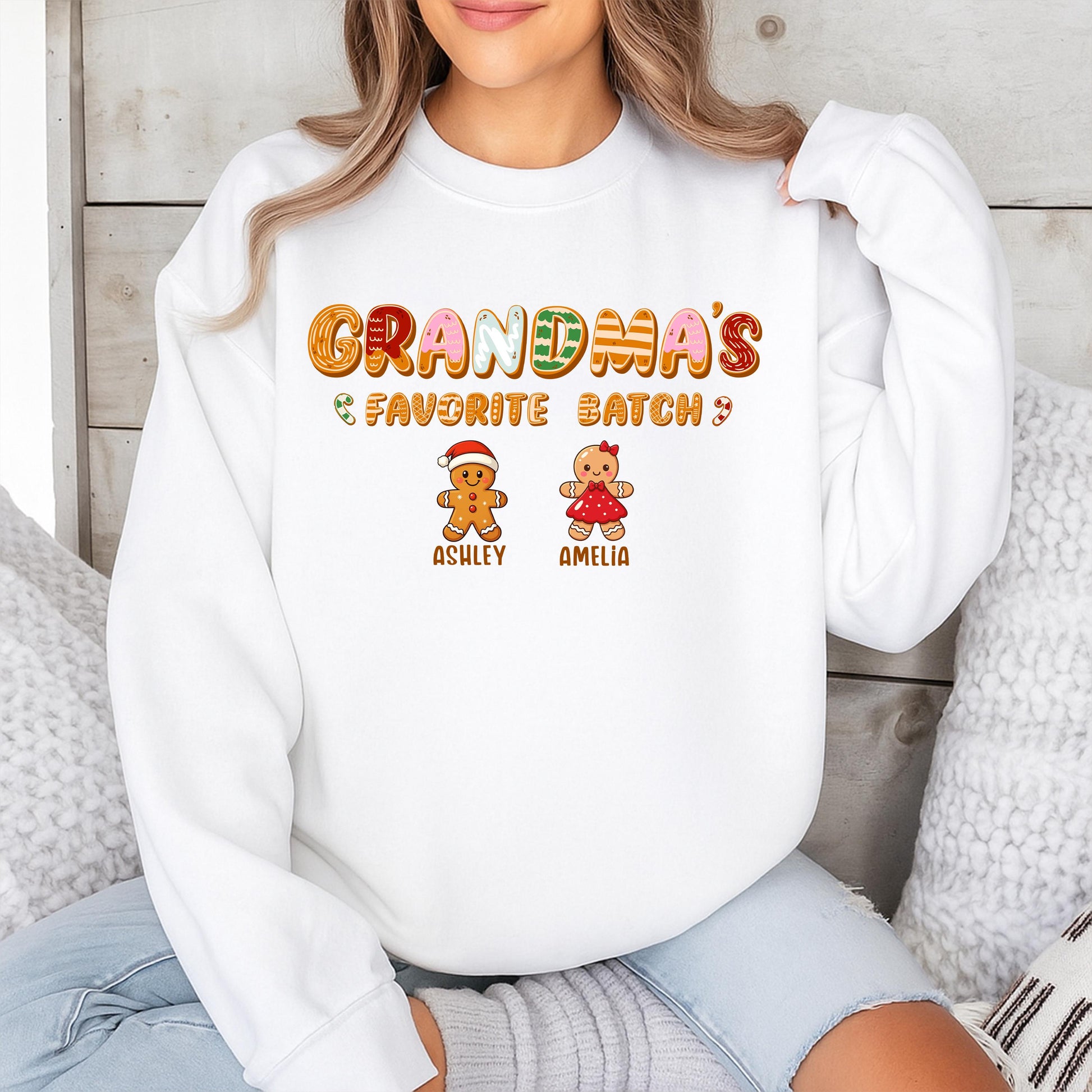 Personalized Grandma's Favorite Batch Gingerbread Christmas Sweatshirt with Grandkids Names Whimsical Holiday Sweater Gift