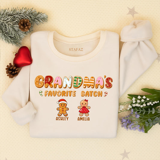 Personalized Grandma's Favorite Batch Gingerbread Christmas Sweatshirt with Grandkids Names Whimsical Holiday Sweater Gift