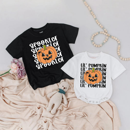 Spooklet & Lil' Pumpkin Matching Sibling Halloween Shirts, Personalized Toddler Outfit, Custom Birthday Party Tee, Spooky Fall Kids Clothes Gift Set 139 chars
