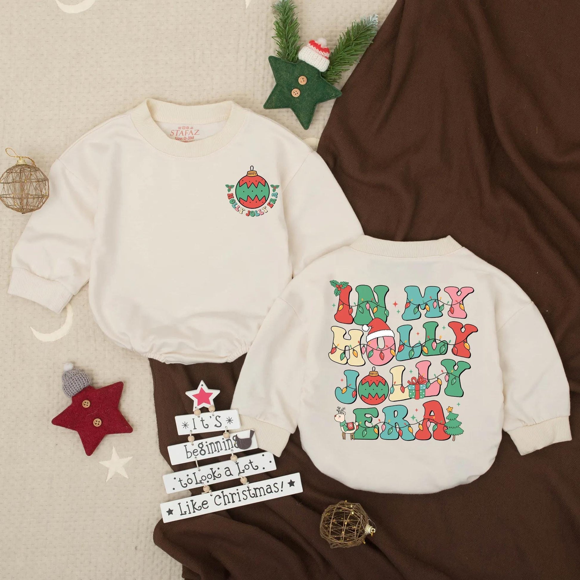 In My Holly Jolly Era Baby Bubble Romper Festive Retro Artwork Christmas Lights Toddler Outfit My First Christmas Gift
