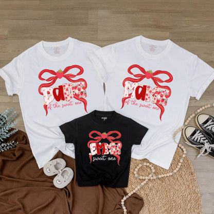 Sweet One Strawberry Birthday Family Shirts: Matching Red Ribbon Berry First Birthday Outfit for Mom, Dad, Emma & Baby. Whimsical Celebration, Cotton Soft (137)