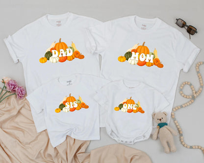 Matching Pumpkin Family Birthday Shirts, Fall Outfits for Dad Mom Sis One, Autumn Pumpkin Patch Party, 1st Birthday Gift, Personalized Pumpkins Design (138 chars)