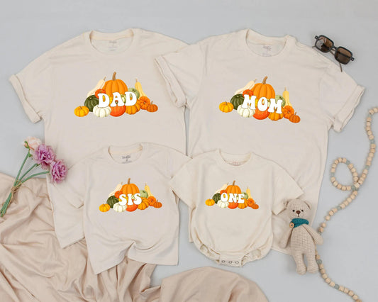 Matching Pumpkin Family Birthday Shirts, Fall Outfits for Dad Mom Sis One, Autumn Pumpkin Patch Party, 1st Birthday Gift, Personalized Pumpkins Design (138 chars)