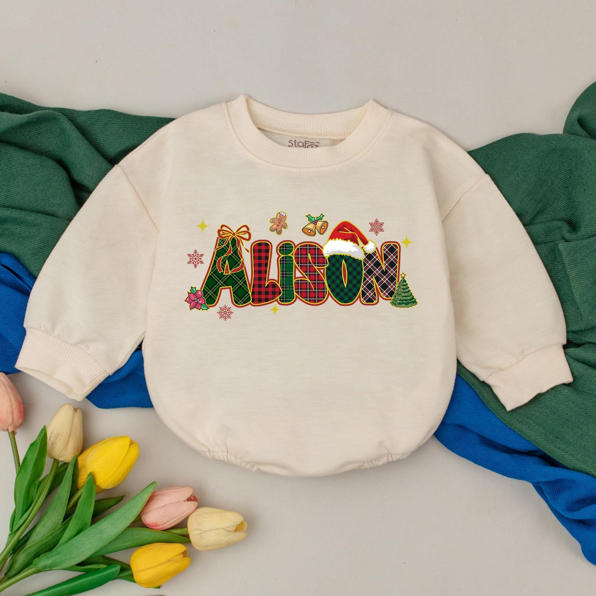 Personalized Plaid Name Christmas Baby Romper Festive Santa Hat Gingerbread Winter Outfit Baby Xmas Clothes Newborn Shower Gift First Christmas Girl