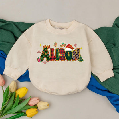 Personalized Plaid Name Christmas Baby Romper Festive Santa Hat Gingerbread Winter Outfit Baby Xmas Clothes Newborn Shower Gift First Christmas Girl