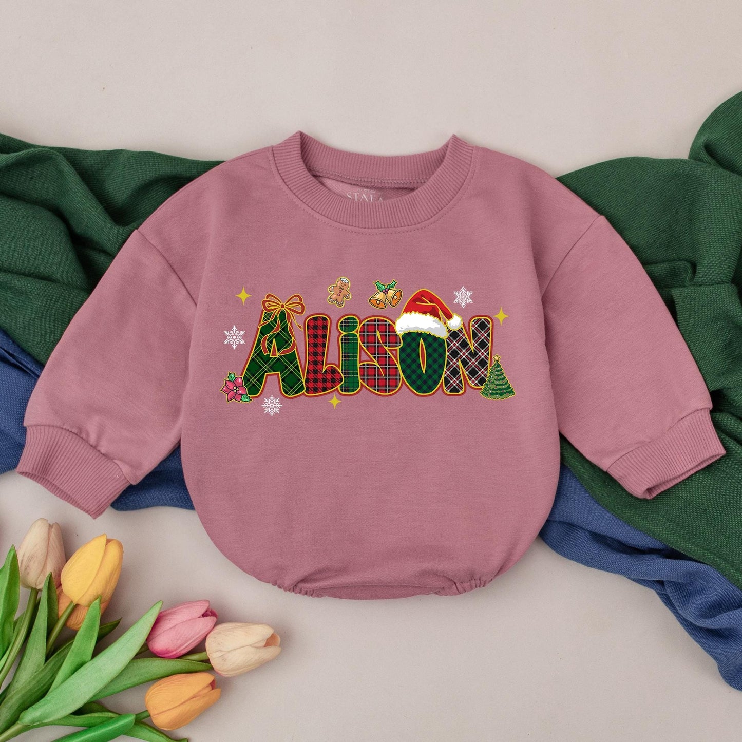Personalized Plaid Name Christmas Baby Romper Festive Santa Hat Gingerbread Winter Outfit Baby Xmas Clothes Newborn Shower Gift First Christmas Girl