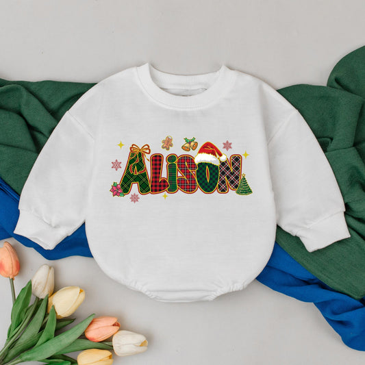 Personalized Plaid Name Christmas Baby Romper Festive Santa Hat Gingerbread Winter Outfit Baby Xmas Clothes Newborn Shower Gift First Christmas Girl