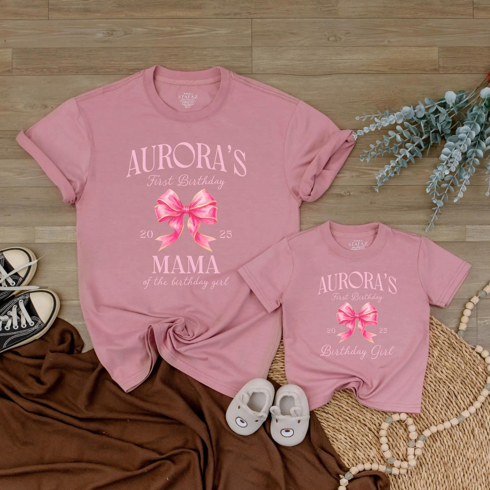 Aurora's First Birthday Matching Family Shirts, Cute Pink Bow Outfit, Birthday Girl Tee,  2025 Celebration, Personalized Family Birthday,  Party (139 chars)