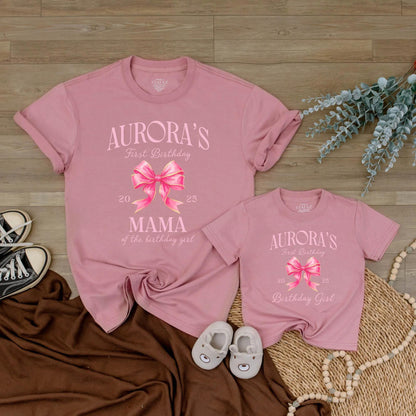 Aurora's First Birthday Matching Family Shirts, Cute Pink Bow Outfit, Birthday Girl Tee,  2025 Celebration, Personalized Family Birthday,  Party (139 chars)
