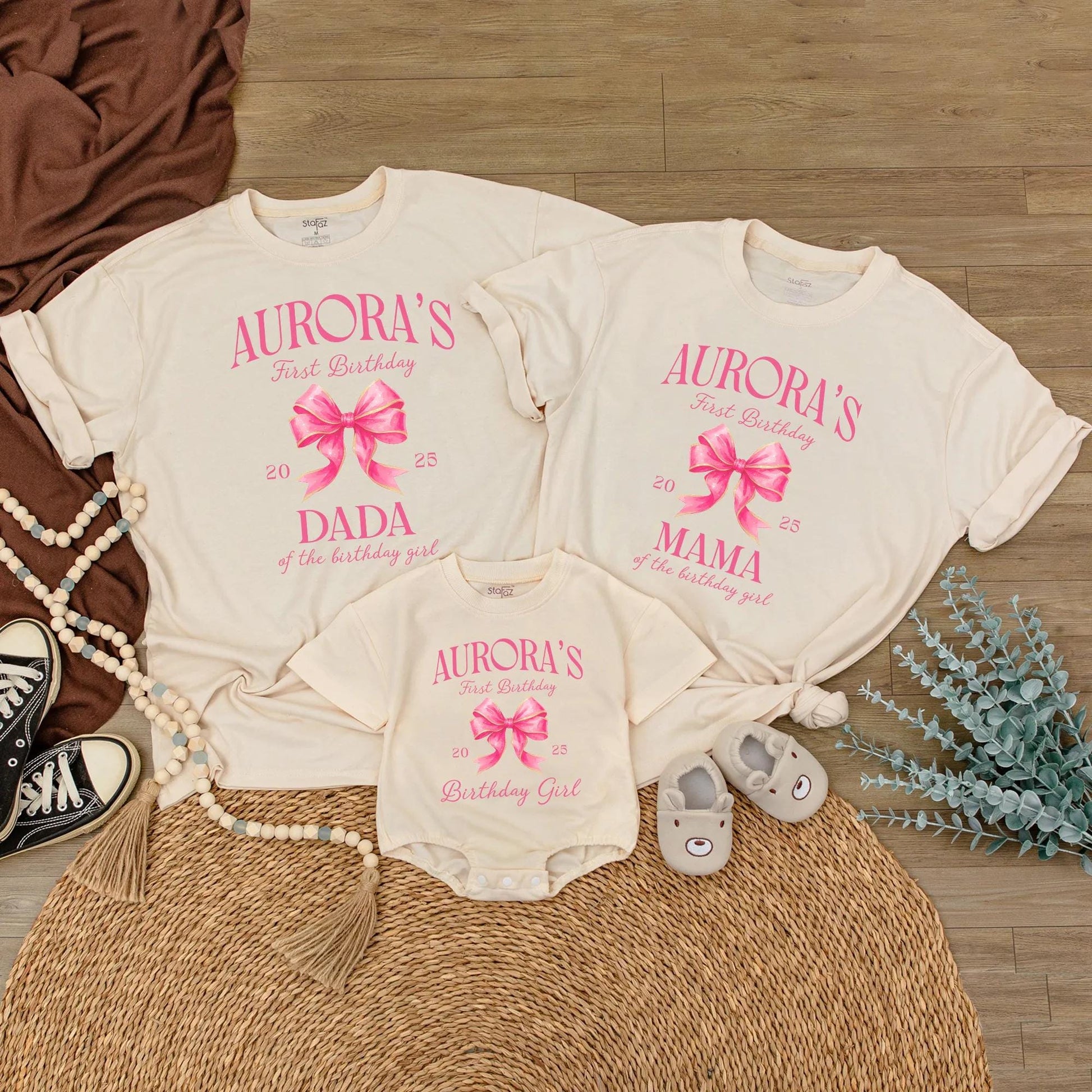 Aurora's First Birthday Matching Family Shirts, Cute Pink Bow Outfit, Birthday Girl Tee,  2025 Celebration, Personalized Family Birthday,  Party (139 chars)