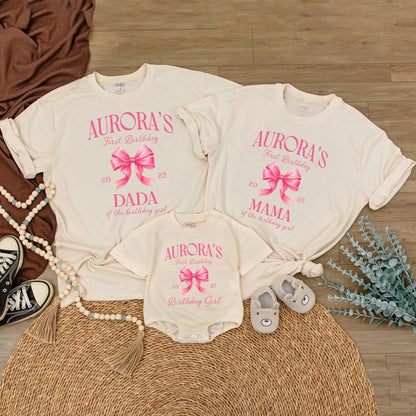 Aurora's First Birthday Matching Family Shirts, Cute Pink Bow Outfit, Birthday Girl Tee,  2025 Celebration, Personalized Family Birthday,  Party (139 chars)