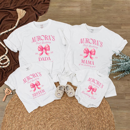 Aurora's First Birthday Matching Family Shirts, Cute Pink Bow Outfit, Birthday Girl Tee,  2025 Celebration, Personalized Family Birthday,  Party (139 chars)