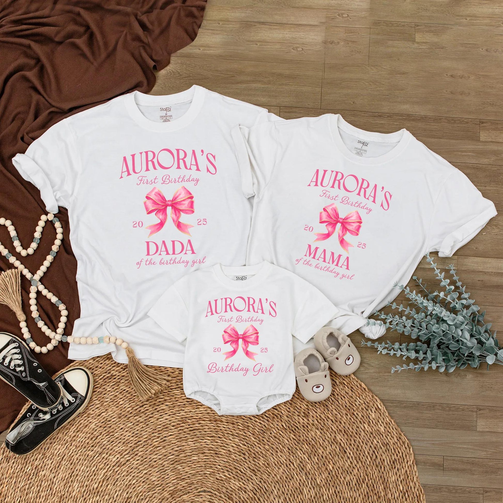 Aurora's First Birthday Matching Family Shirts, Cute Pink Bow Outfit, Birthday Girl Tee,  2025 Celebration, Personalized Family Birthday,  Party (139 chars)