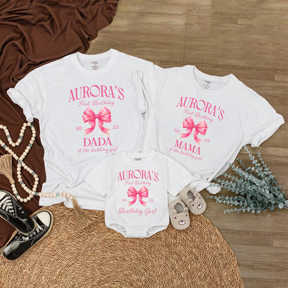 Aurora's First Birthday Matching Family Shirts, Cute Pink Bow Outfit, Birthday Girl Tee,  2025 Celebration, Personalized Family Birthday,  Party (139 chars)