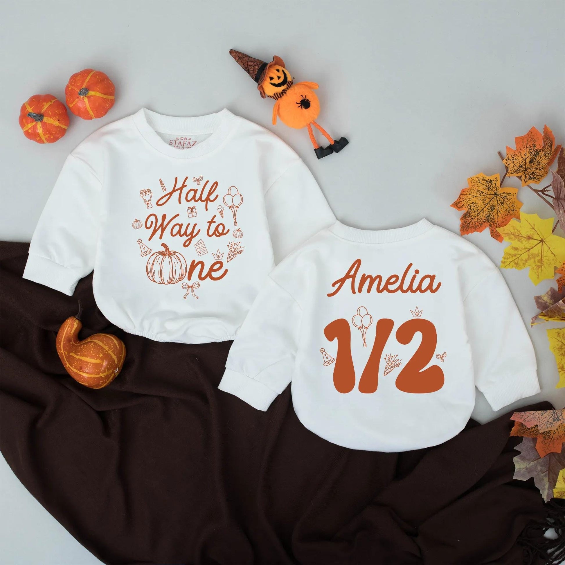 Personalized Half Way to One Pumpkin Bubble Romper with warm orange fall graphics festive half birthday celebration outfit for baby girl boy