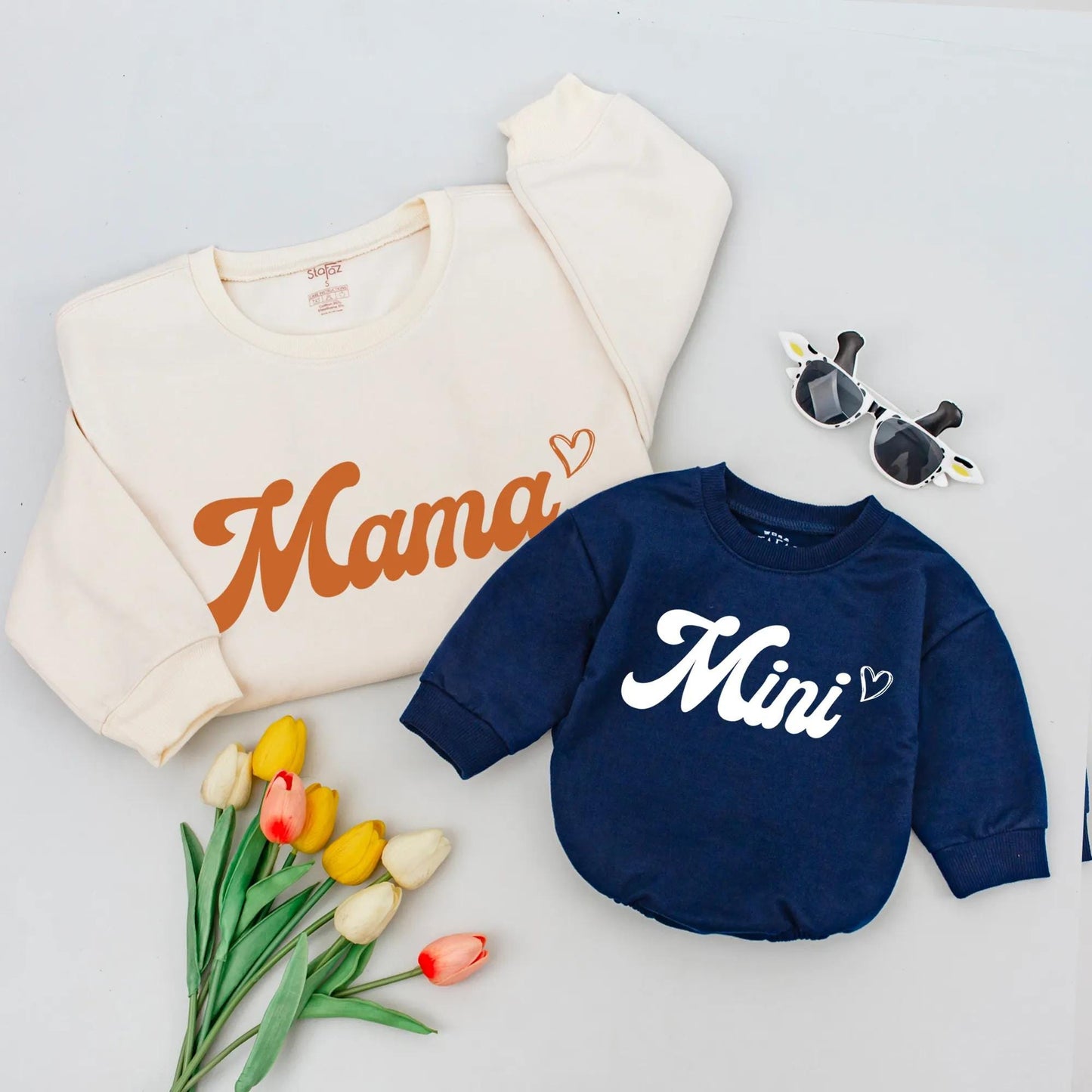 Retro Mama and Mini Matching Sweatshirt Set, Cozy Mom & Baby Outfit, Brown Cursive Text, Heart Detail, Family Gift, Minimalist Style, Comfy Matching Tee (137)