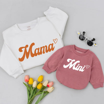 Retro Mama and Mini Matching Sweatshirt Set, Cozy Mom & Baby Outfit, Brown Cursive Text, Heart Detail, Family Gift, Minimalist Style, Comfy Matching Tee (137)