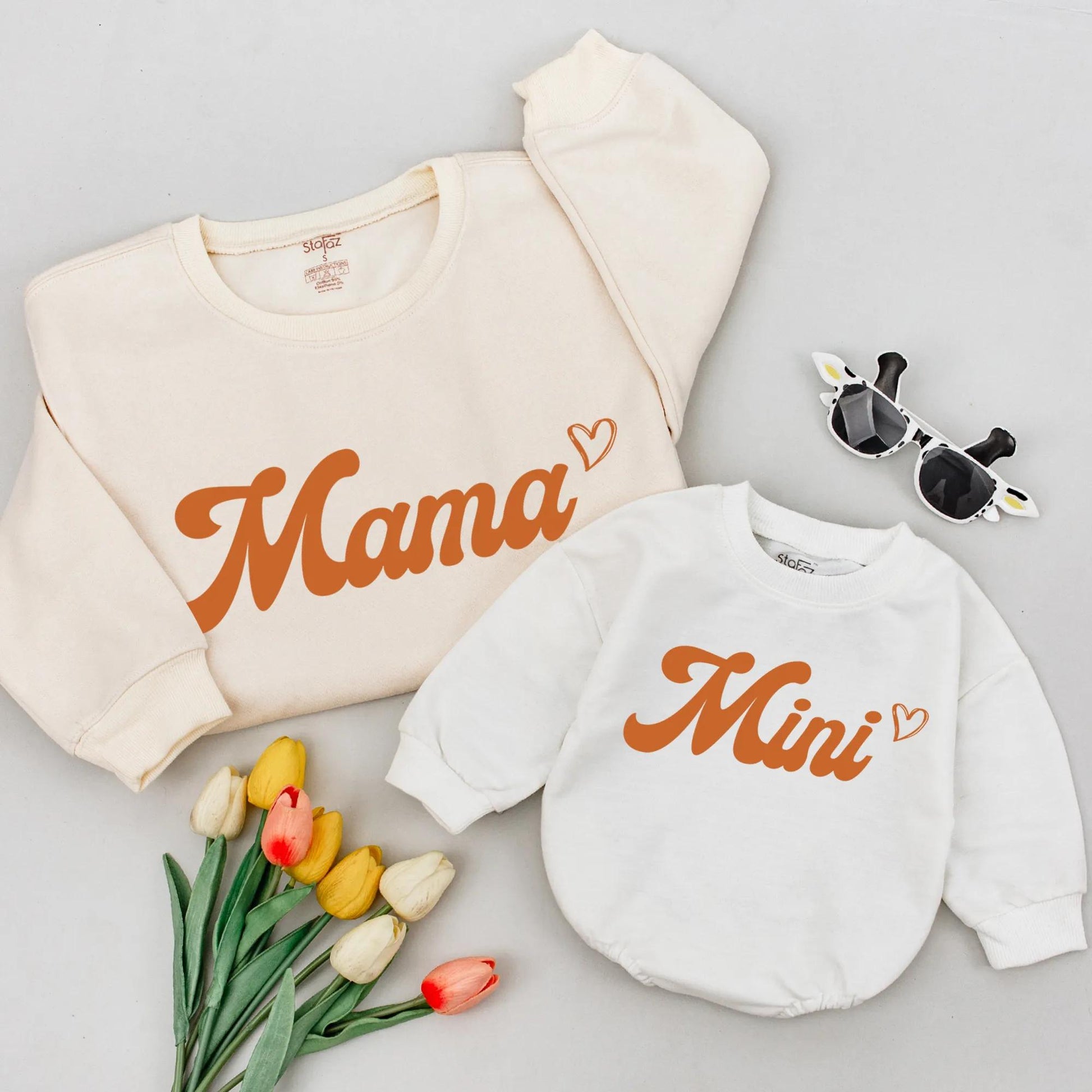 Retro Mama and Mini Matching Sweatshirt Set, Cozy Mom & Baby Outfit, Brown Cursive Text, Heart Detail, Family Gift, Minimalist Style, Comfy Matching Tee (137)