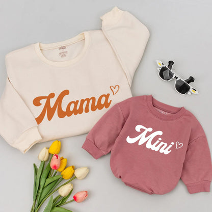Retro Mama and Mini Matching Sweatshirt Set, Cozy Mom & Baby Outfit, Brown Cursive Text, Heart Detail, Family Gift, Minimalist Style, Comfy Matching Tee (137)