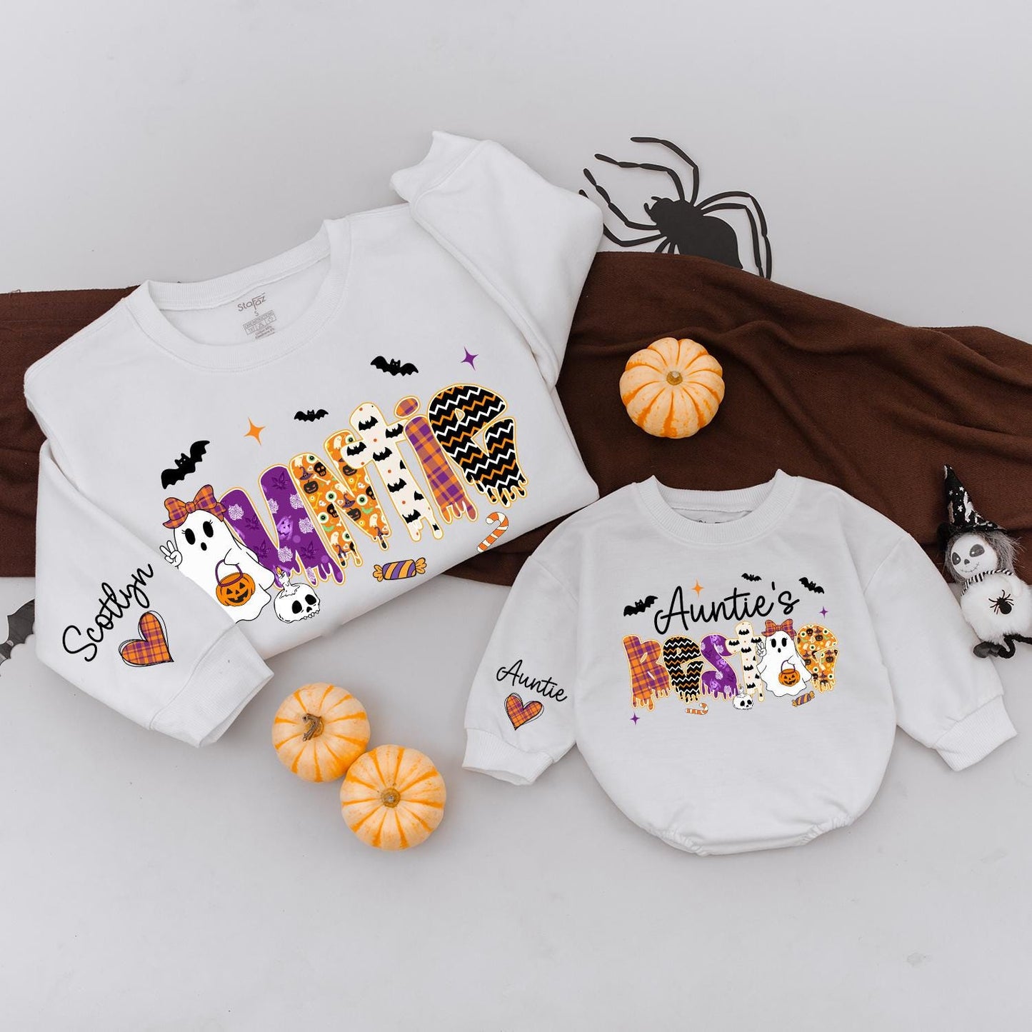 Spooky Bestie & Auntie Halloween Sweatshirts: Matching Cute Ghost & Pumpkin Outfits, Personalized Name Sweaters for Niece, Nephew, Custom Halloween Gift