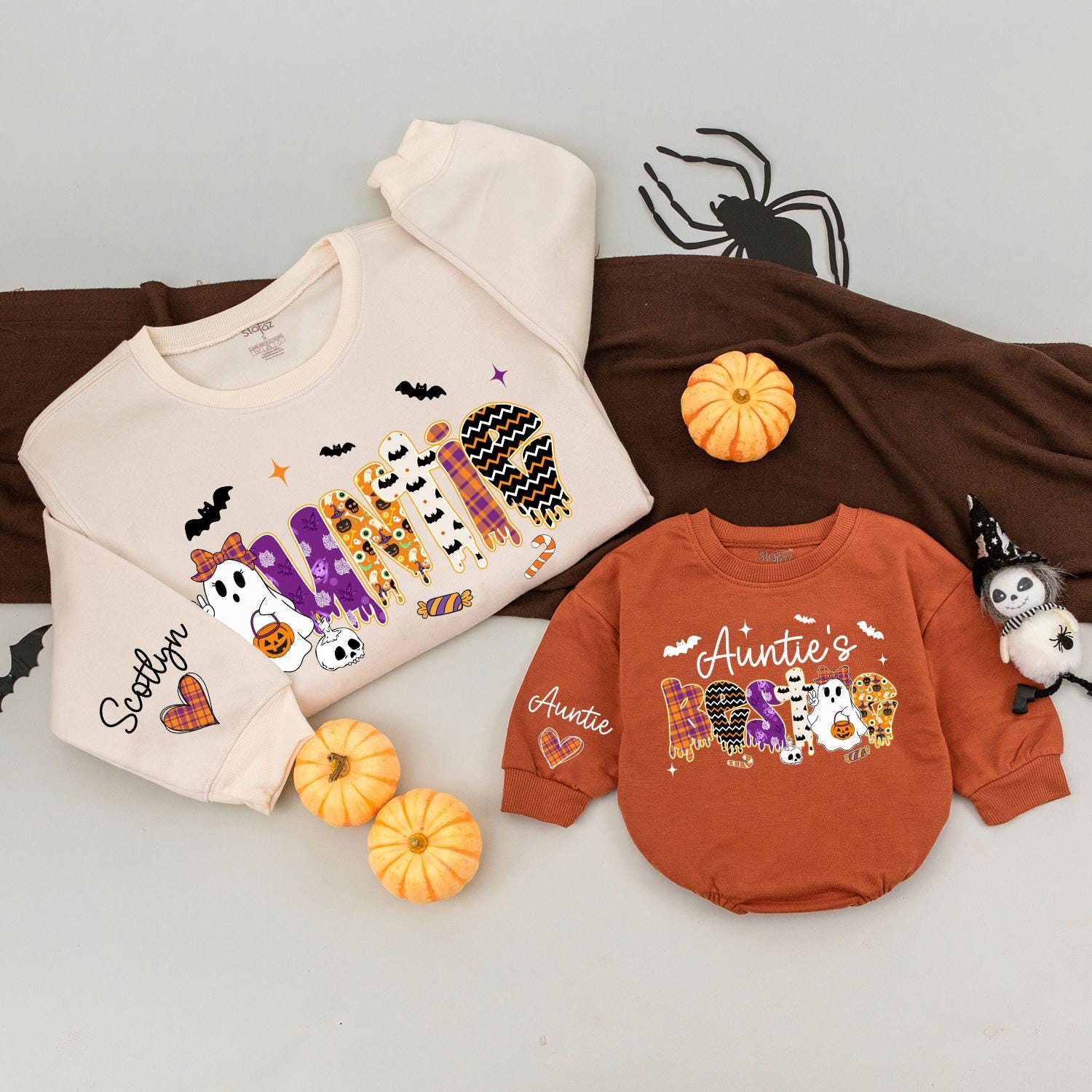 Spooky Bestie & Auntie Halloween Sweatshirts: Matching Cute Ghost & Pumpkin Outfits, Personalized Name Sweaters for Niece, Nephew, Custom Halloween Gift