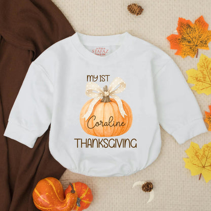 Personalized Baby Girl My 1st Thanksgiving Romper with Watercolor Pumpkin Bow Custom Name Fall Newborn Infant Outfit Sweet Gift