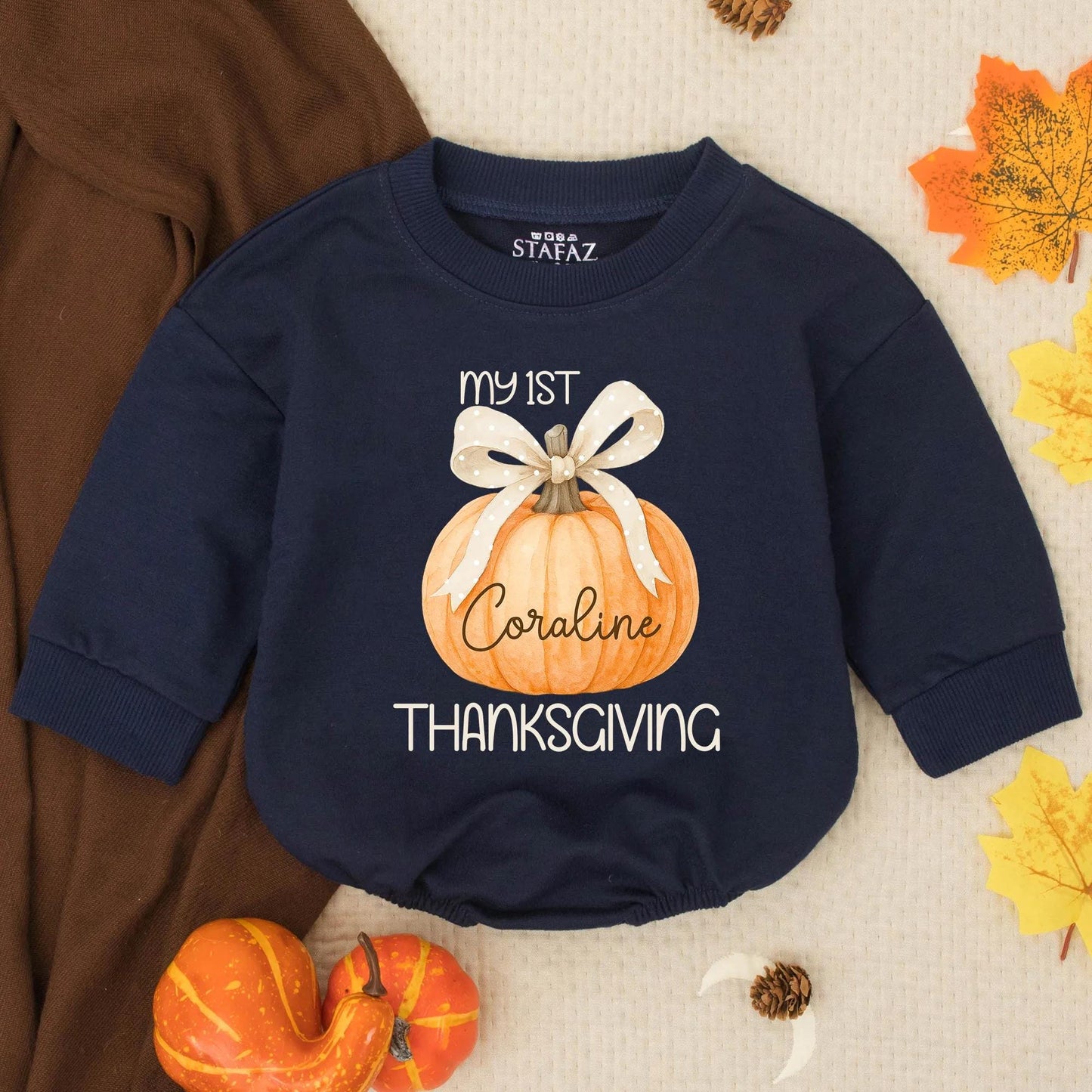 Personalized Baby Girl My 1st Thanksgiving Romper with Watercolor Pumpkin Bow Custom Name Fall Newborn Infant Outfit Sweet Gift
